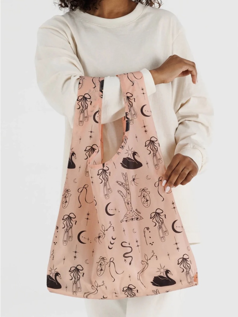 Baggu Pink Reusable Tote Bag with Black Mystic Print